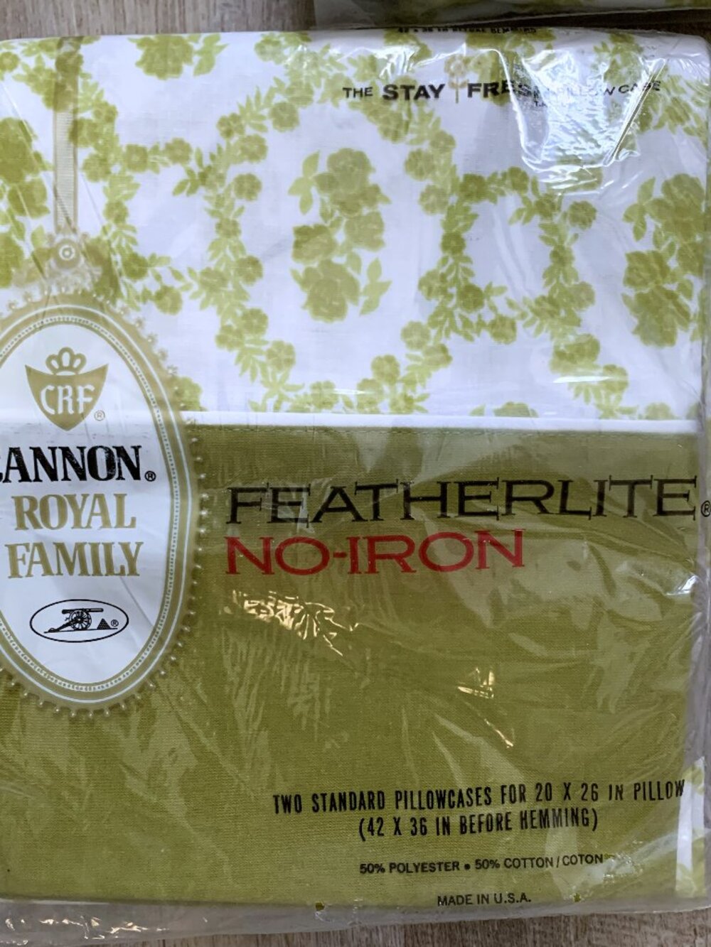 Vtg CANNON Featherlite Cameo Rose Dble Full Sheet Set Avocado Green NOS 4pc 1970 - Picture 4 of 9